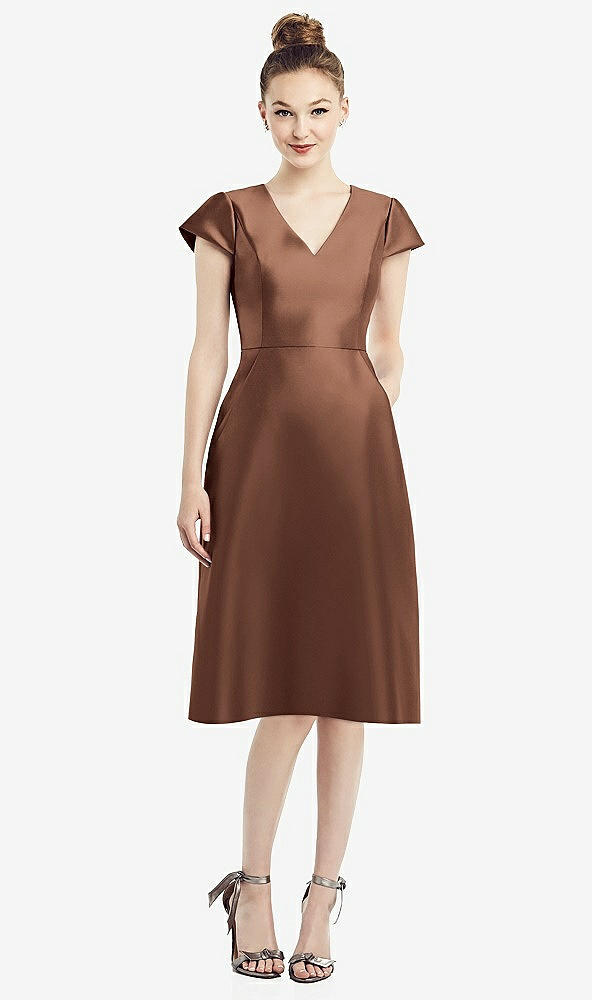 Front View - Cognac Cap Sleeve V-Neck Satin Midi Dress with Pockets