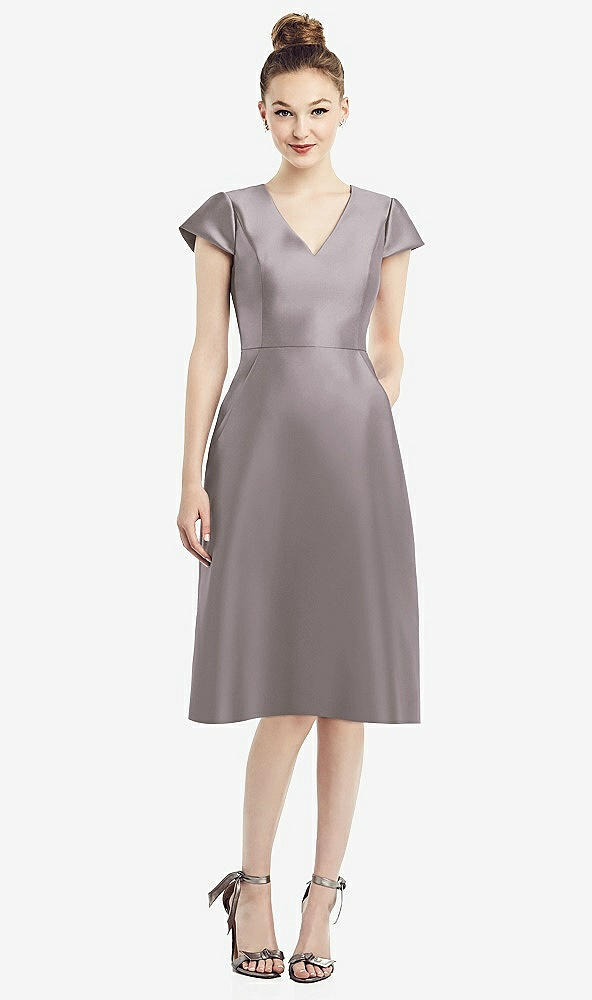 Front View - Cashmere Gray Cap Sleeve V-Neck Satin Midi Dress with Pockets