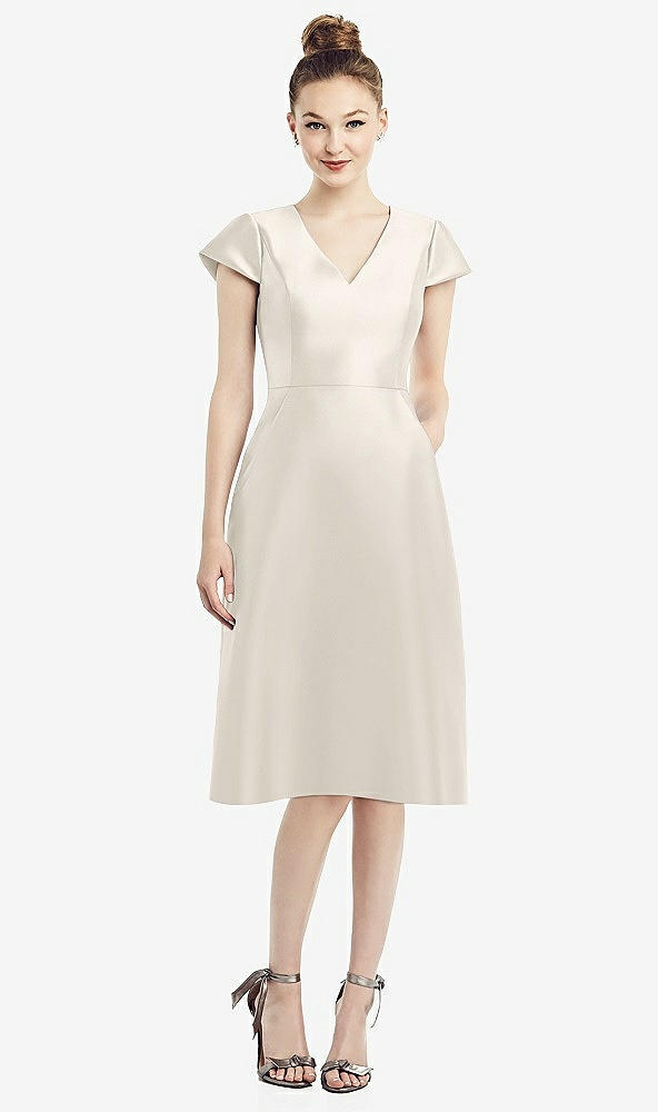 Front View - Ivory Cap Sleeve V-Neck Satin Midi Dress with Pockets