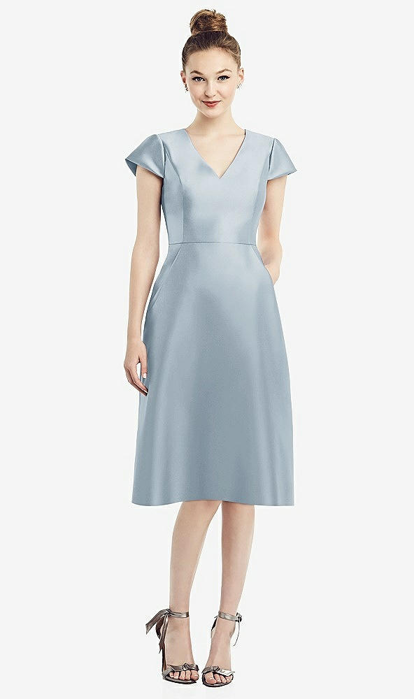 Front View - Mist Cap Sleeve V-Neck Satin Midi Dress with Pockets
