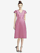 Front View Thumbnail - Powder Pink Cap Sleeve V-Neck Satin Midi Dress with Pockets