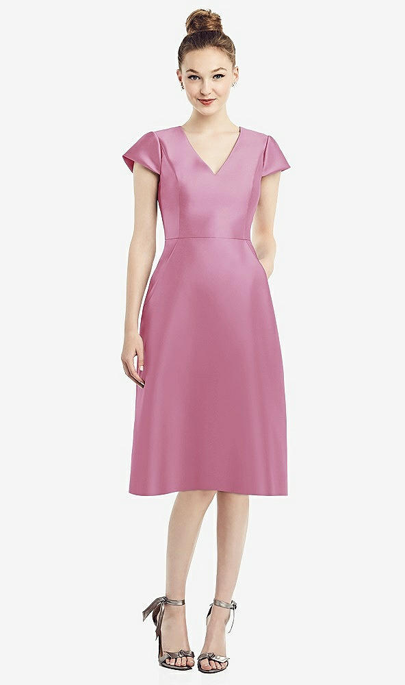 Front View - Powder Pink Cap Sleeve V-Neck Satin Midi Dress with Pockets