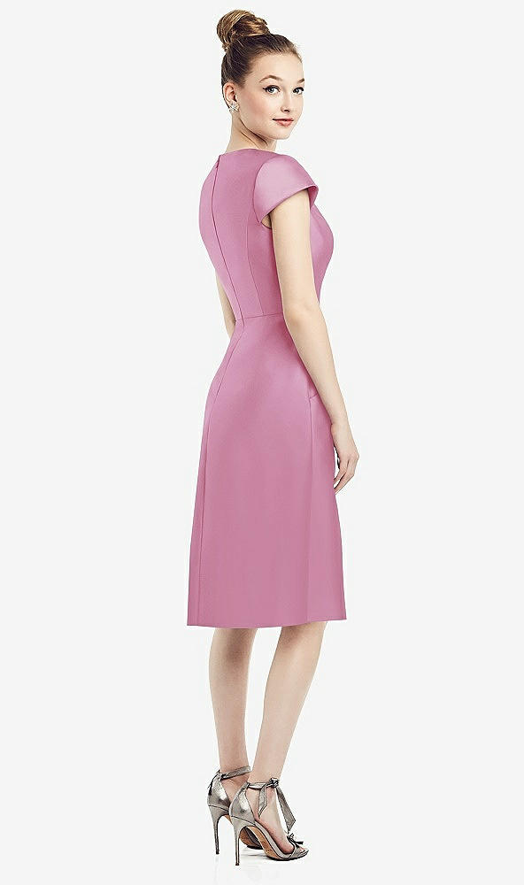 Back View - Powder Pink Cap Sleeve V-Neck Satin Midi Dress with Pockets