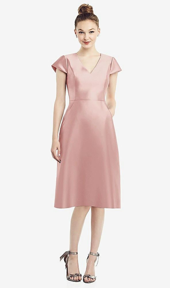 Front View - Rose Cap Sleeve V-Neck Satin Midi Dress with Pockets