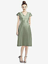 Front View Thumbnail - Sage Cap Sleeve V-Neck Satin Midi Dress with Pockets