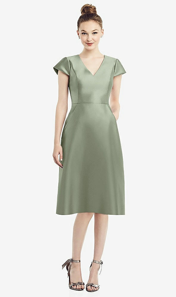 Front View - Sage Cap Sleeve V-Neck Satin Midi Dress with Pockets