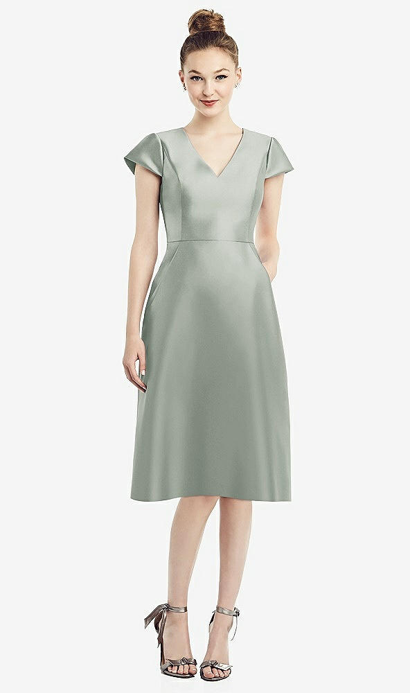 Front View - Willow Green Cap Sleeve V-Neck Satin Midi Dress with Pockets