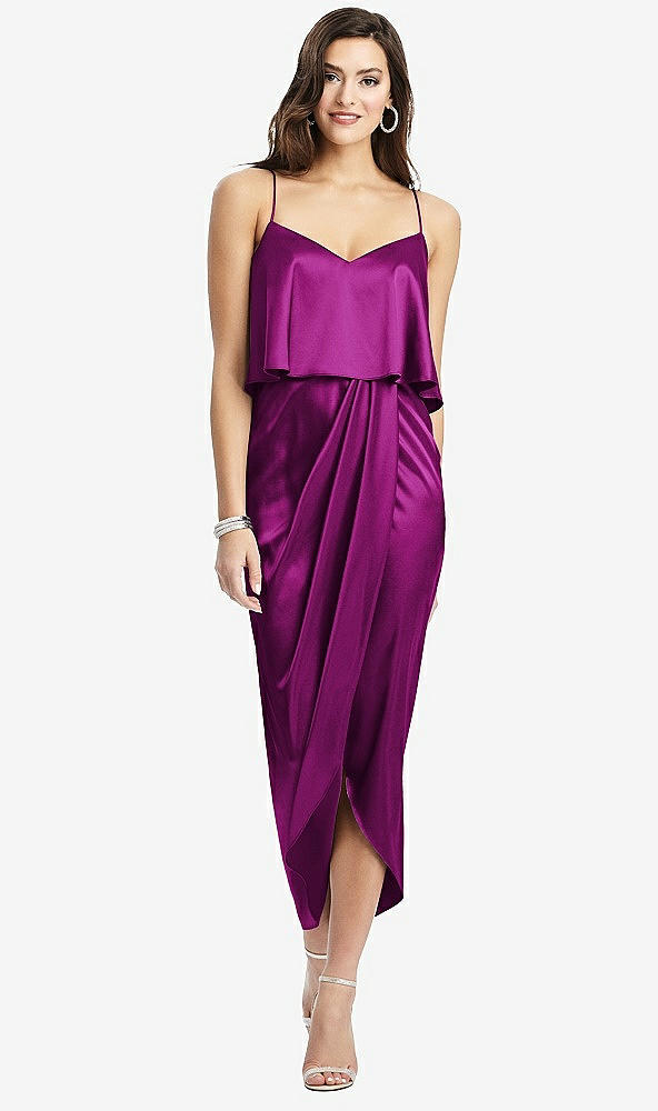 Front View - Persian Plum Popover Bodice Midi Dress with Draped Tulip Skirt
