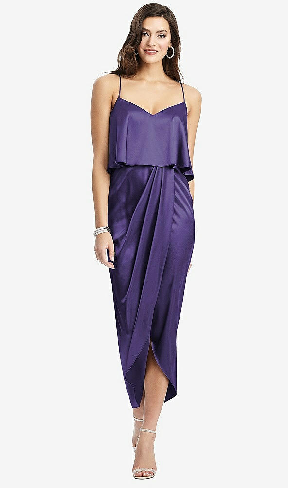 Front View - Regalia - PANTONE Ultra Violet Popover Bodice Midi Dress with Draped Tulip Skirt
