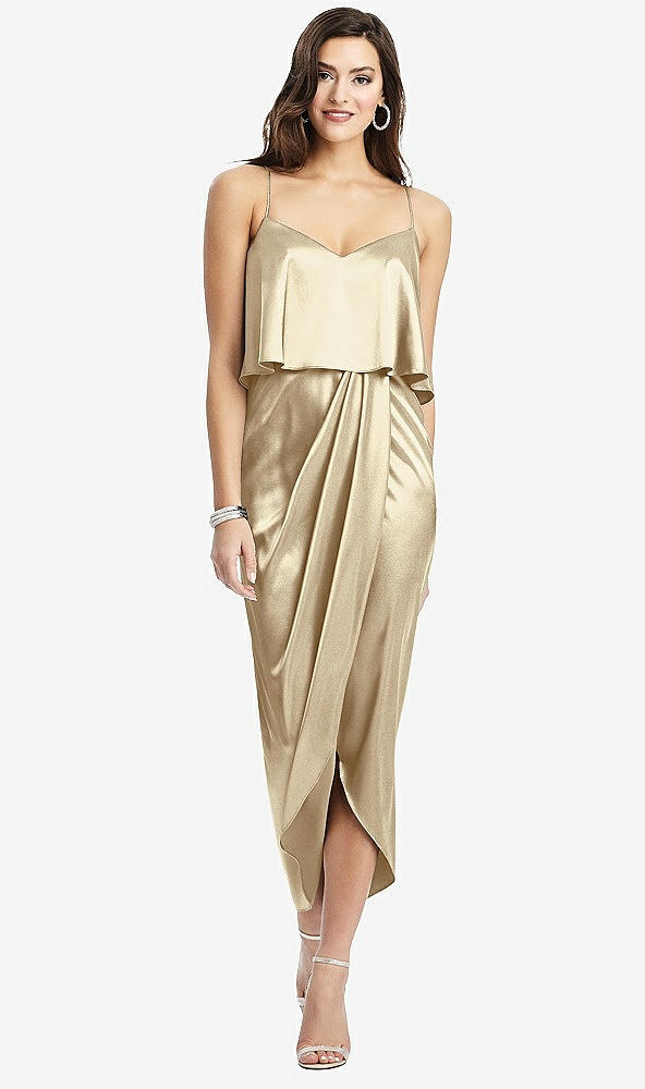 Front View - Banana Popover Bodice Midi Dress with Draped Tulip Skirt