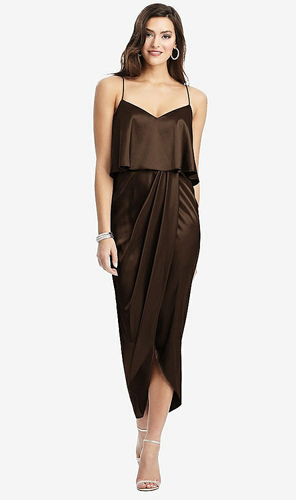 Front View - Espresso Popover Bodice Midi Dress with Draped Tulip Skirt