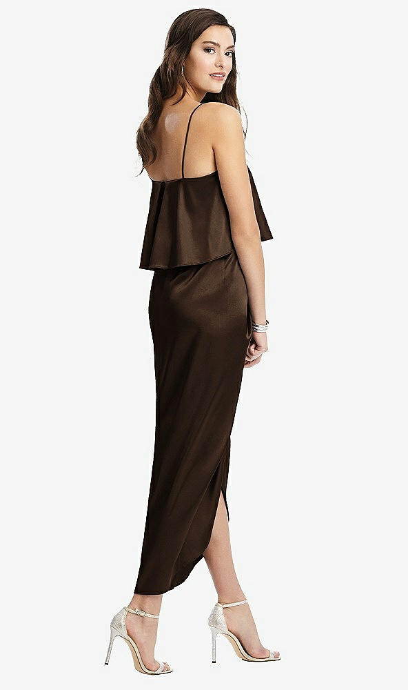 Back View - Espresso Popover Bodice Midi Dress with Draped Tulip Skirt