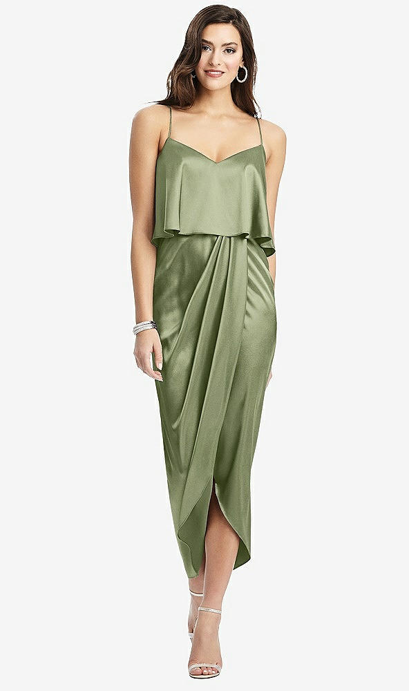Front View - Kiwi Popover Bodice Midi Dress with Draped Tulip Skirt