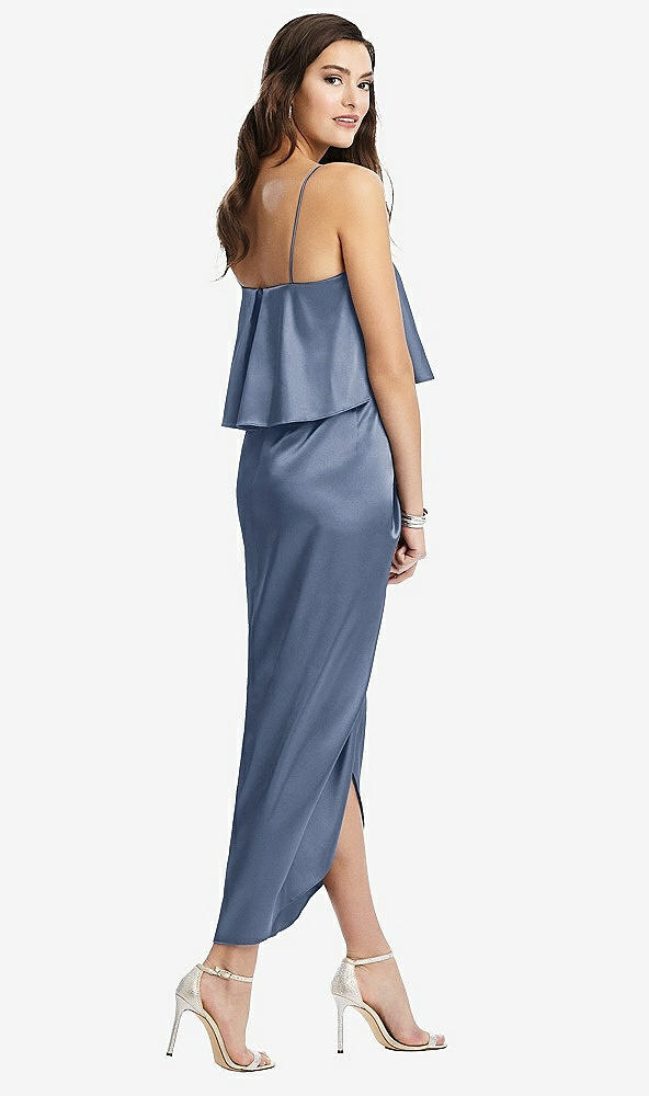 Back View - Larkspur Blue Popover Bodice Midi Dress with Draped Tulip Skirt