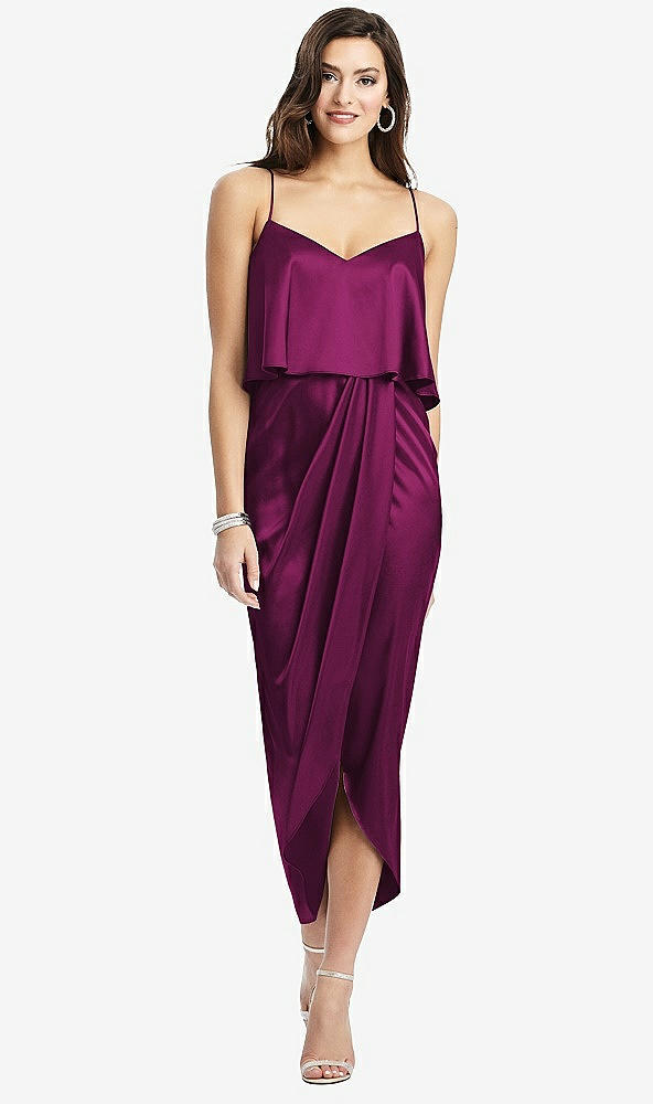 Front View - Merlot Popover Bodice Midi Dress with Draped Tulip Skirt