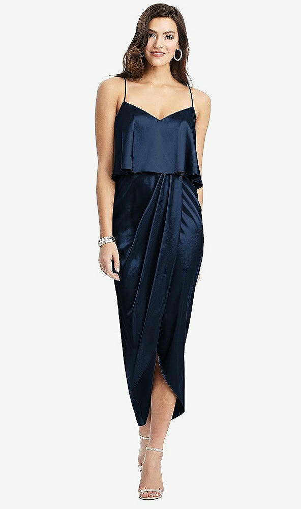 Front View - Midnight Navy Popover Bodice Midi Dress with Draped Tulip Skirt