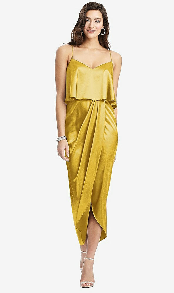 Front View - Marigold Popover Bodice Midi Dress with Draped Tulip Skirt