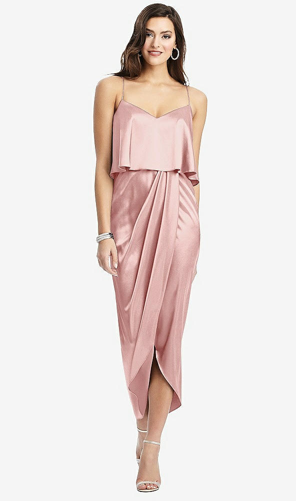 Front View - Rose Popover Bodice Midi Dress with Draped Tulip Skirt