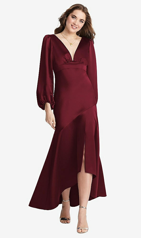 Front View - Cabernet Puff Sleeve Asymmetrical Drop Waist High-Low Slip Dress - Teagan