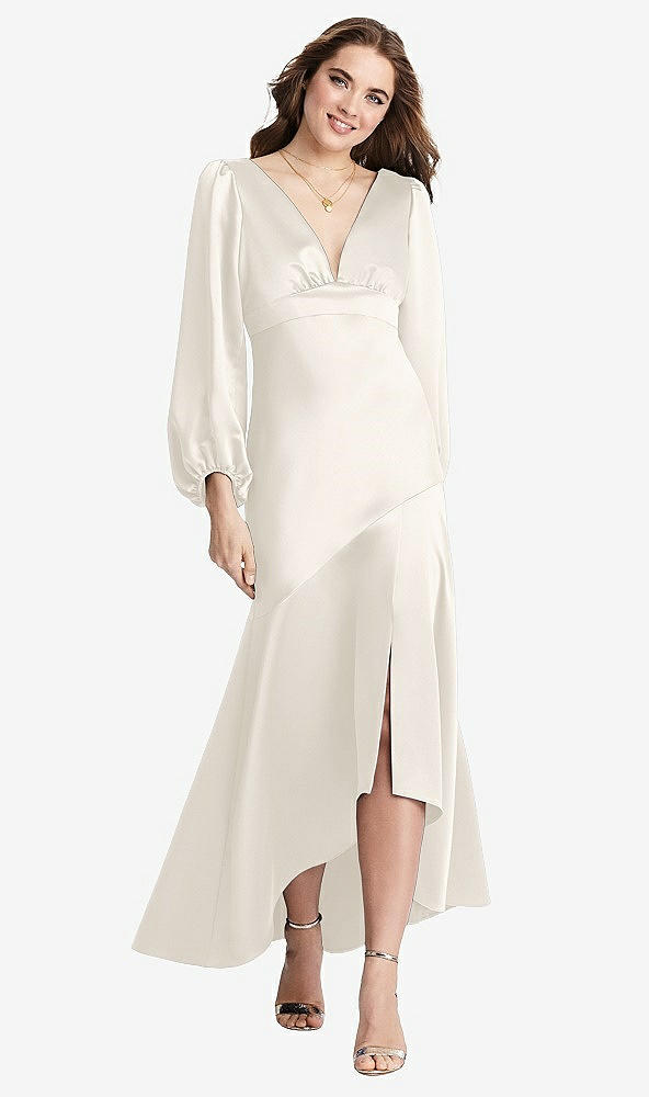 Front View - Ivory Puff Sleeve Asymmetrical Drop Waist High-Low Slip Dress - Teagan