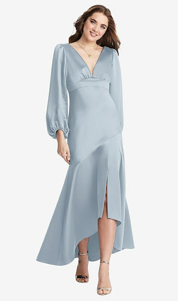 Front View - Mist Puff Sleeve Asymmetrical Drop Waist High-Low Slip Dress - Teagan