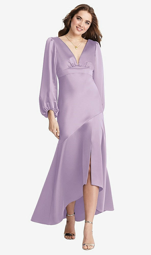 Front View - Pale Purple Puff Sleeve Asymmetrical Drop Waist High-Low Slip Dress - Teagan