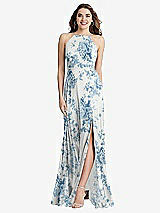 Front View Thumbnail - Cottage Rose Dusk Blue High Neck Chiffon Maxi Dress with Front Slit - Lela