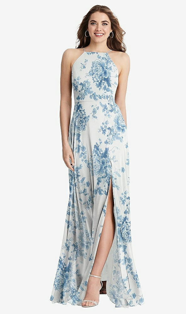 Front View - Cottage Rose Dusk Blue High Neck Chiffon Maxi Dress with Front Slit - Lela