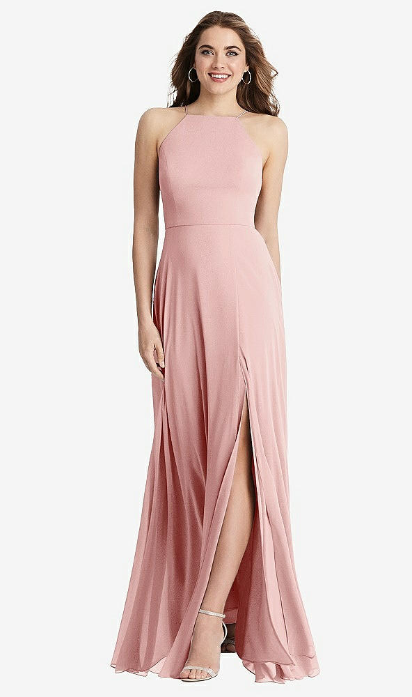 Front View - Rose High Neck Chiffon Maxi Dress with Front Slit - Lela