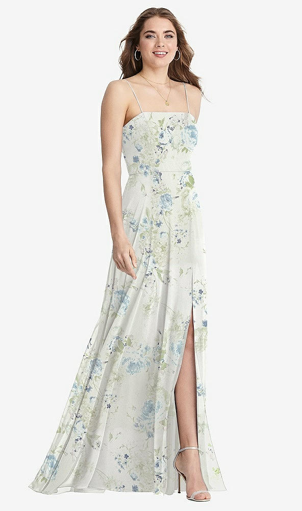 Front View - Bleu Garden Square Neck Chiffon Maxi Dress with Front Slit - Elliott