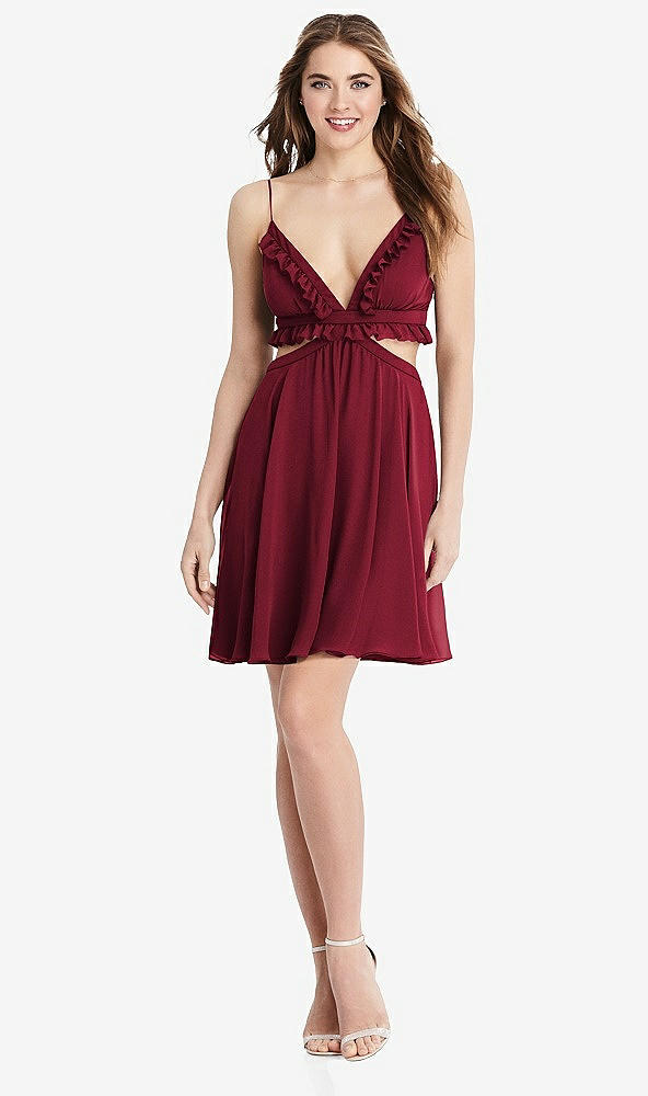 Front View - Burgundy Ruffled Chiffon Cutout Mini Dress - Joey