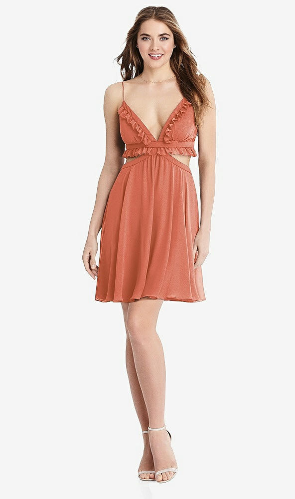 Front View - Terracotta Copper Ruffled Chiffon Cutout Mini Dress - Joey