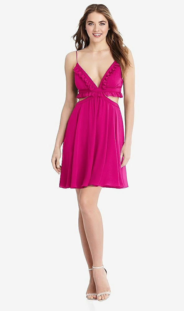 Front View - Think Pink Ruffled Chiffon Cutout Mini Dress - Joey