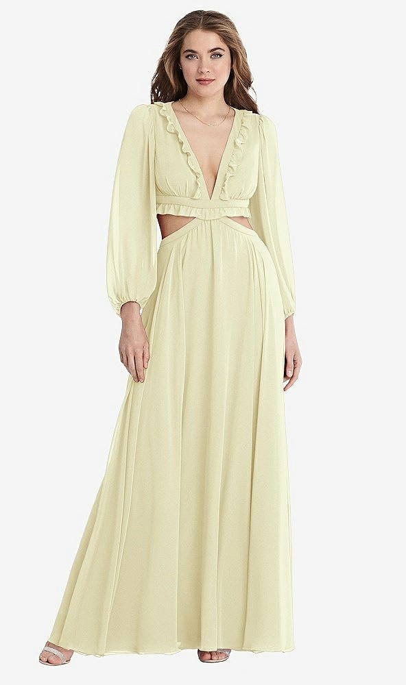 Front View - Butter Yellow Bishop Sleeve Ruffled Chiffon Cutout Maxi Dress - Harlow 