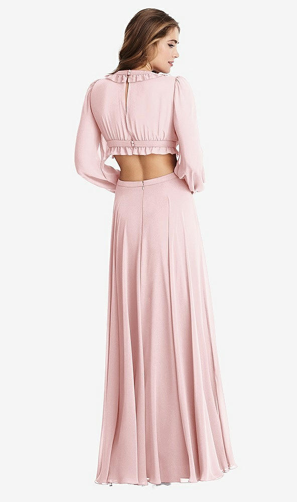 Back View - Ballet Pink Bishop Sleeve Ruffled Chiffon Cutout Maxi Dress - Harlow 