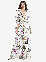 Front View Thumbnail - Butterfly Botanica Ivory Bishop Sleeve Ruffled Chiffon Cutout Maxi Dress - Harlow