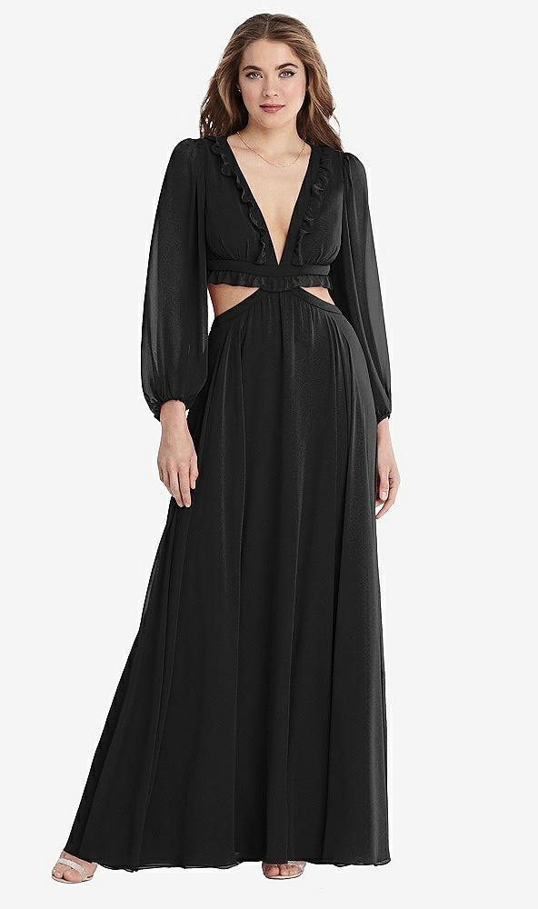 Front View - Black Bishop Sleeve Ruffled Chiffon Cutout Maxi Dress - Harlow