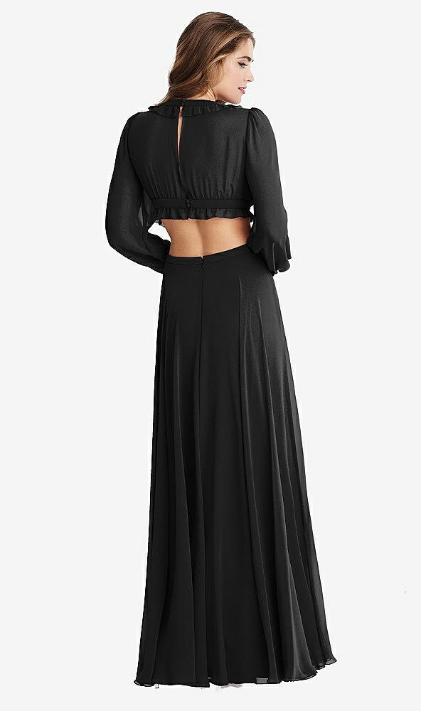 Back View - Black Bishop Sleeve Ruffled Chiffon Cutout Maxi Dress - Harlow