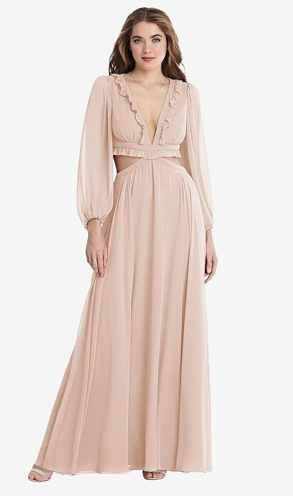 Front View - Cameo Bishop Sleeve Ruffled Chiffon Cutout Maxi Dress - Harlow