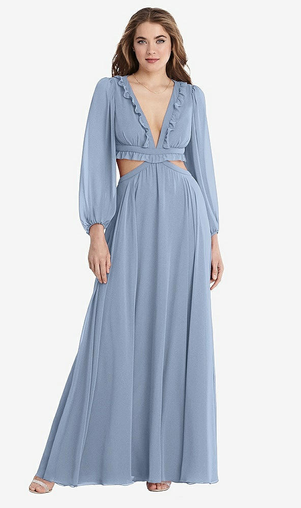 Front View - Cloudy Bishop Sleeve Ruffled Chiffon Cutout Maxi Dress - Harlow