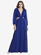 Front View Thumbnail - Cobalt Blue Bishop Sleeve Ruffled Chiffon Cutout Maxi Dress - Harlow