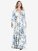 Alt View 1 Thumbnail - Cottage Rose Dusk Blue Bishop Sleeve Ruffled Chiffon Cutout Maxi Dress - Harlow