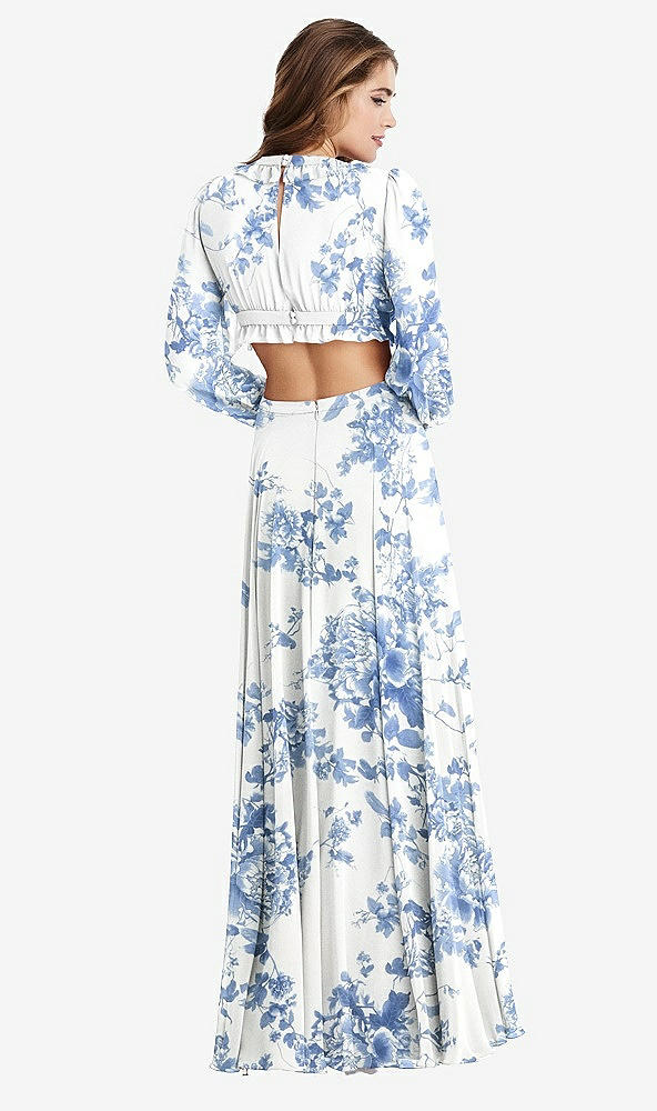 Back View - Cottage Rose Dusk Blue Bishop Sleeve Ruffled Chiffon Cutout Maxi Dress - Harlow
