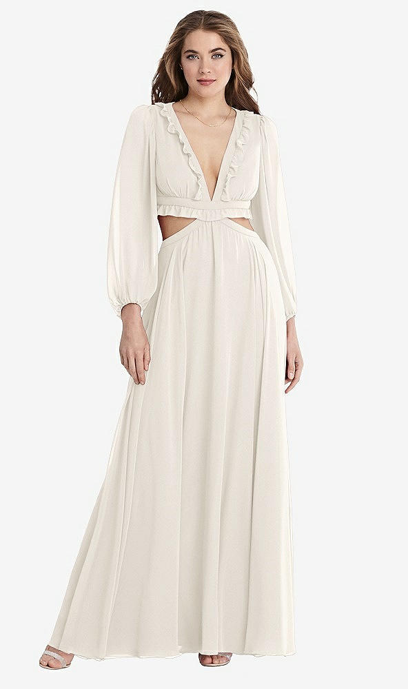 Front View - Ivory Bishop Sleeve Ruffled Chiffon Cutout Maxi Dress - Harlow