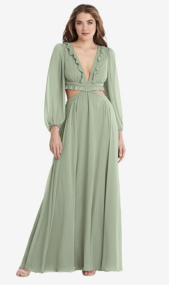 Front View - Sage Bishop Sleeve Ruffled Chiffon Cutout Maxi Dress - Harlow