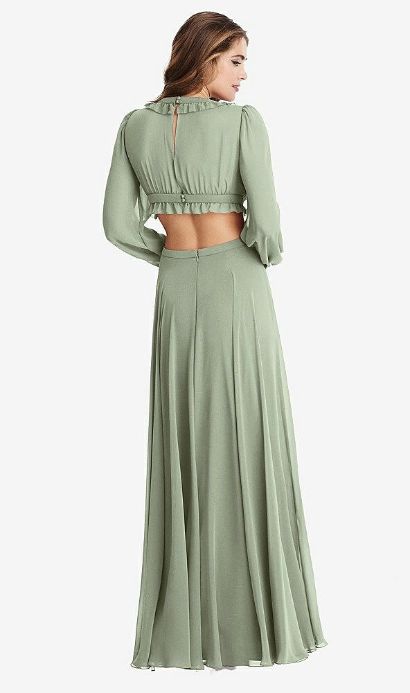 Back View - Sage Bishop Sleeve Ruffled Chiffon Cutout Maxi Dress - Harlow