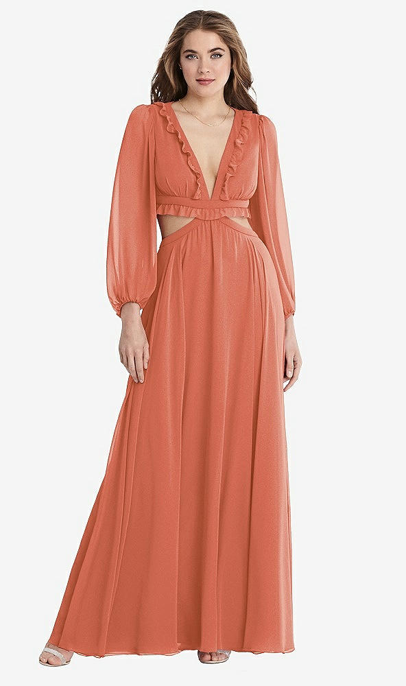 Front View - Terracotta Copper Bishop Sleeve Ruffled Chiffon Cutout Maxi Dress - Harlow