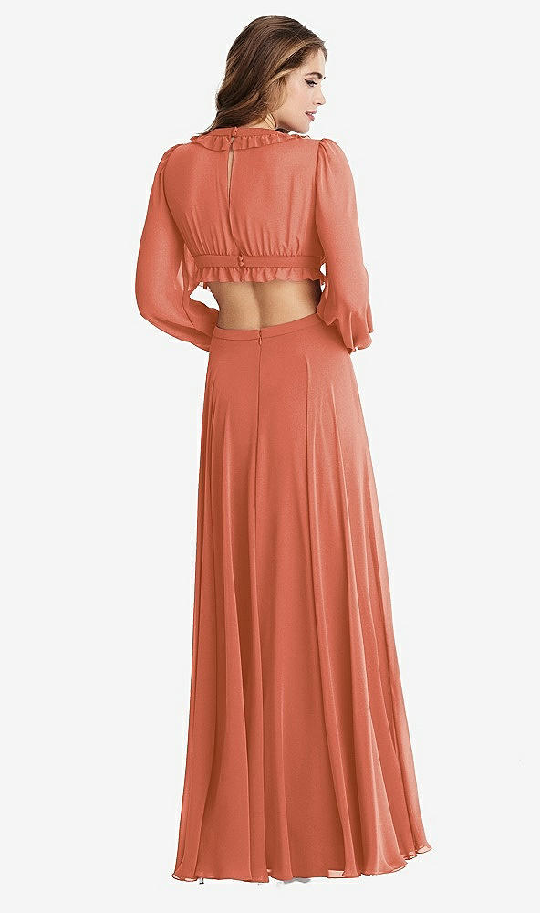 Back View - Terracotta Copper Bishop Sleeve Ruffled Chiffon Cutout Maxi Dress - Harlow