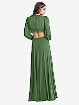 Rear View Thumbnail - Vineyard Green Bishop Sleeve Ruffled Chiffon Cutout Maxi Dress - Harlow