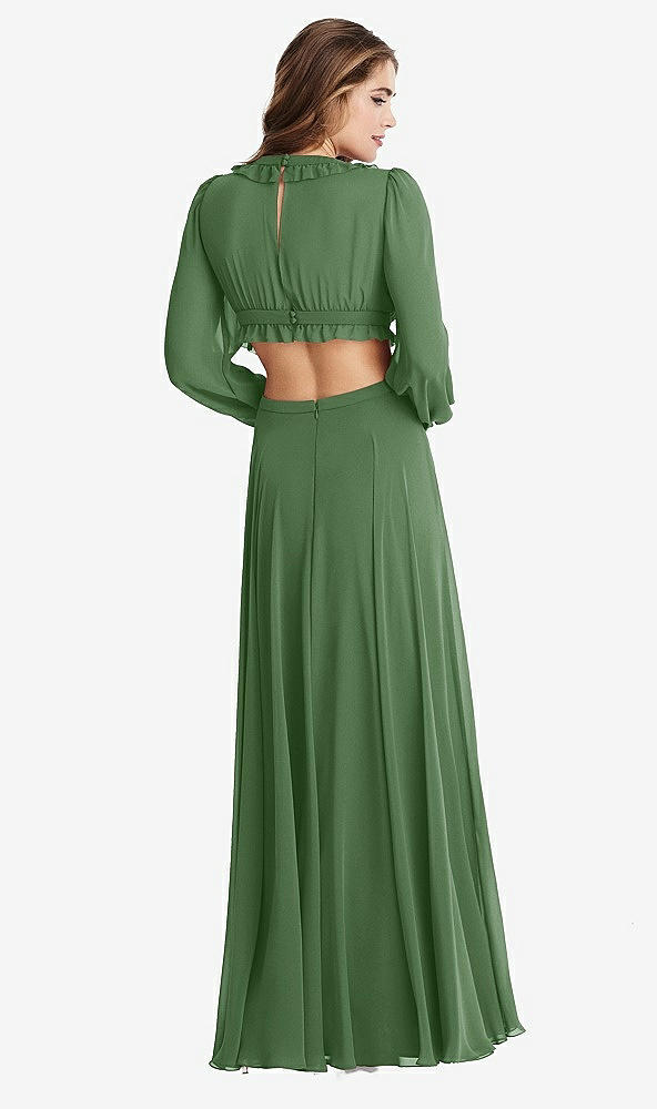 Back View - Vineyard Green Bishop Sleeve Ruffled Chiffon Cutout Maxi Dress - Harlow